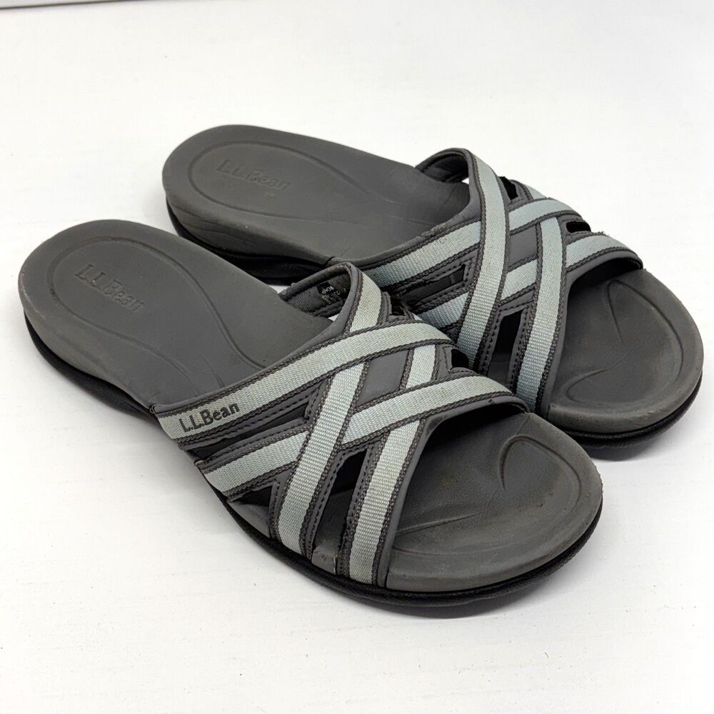 L.L. Bean Gray Black Strappy Slip-On Slide Sandals US Women's Size 7